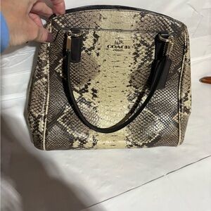 Coach Python-Embossed Satchel in Brown and Cream with Black Handles
